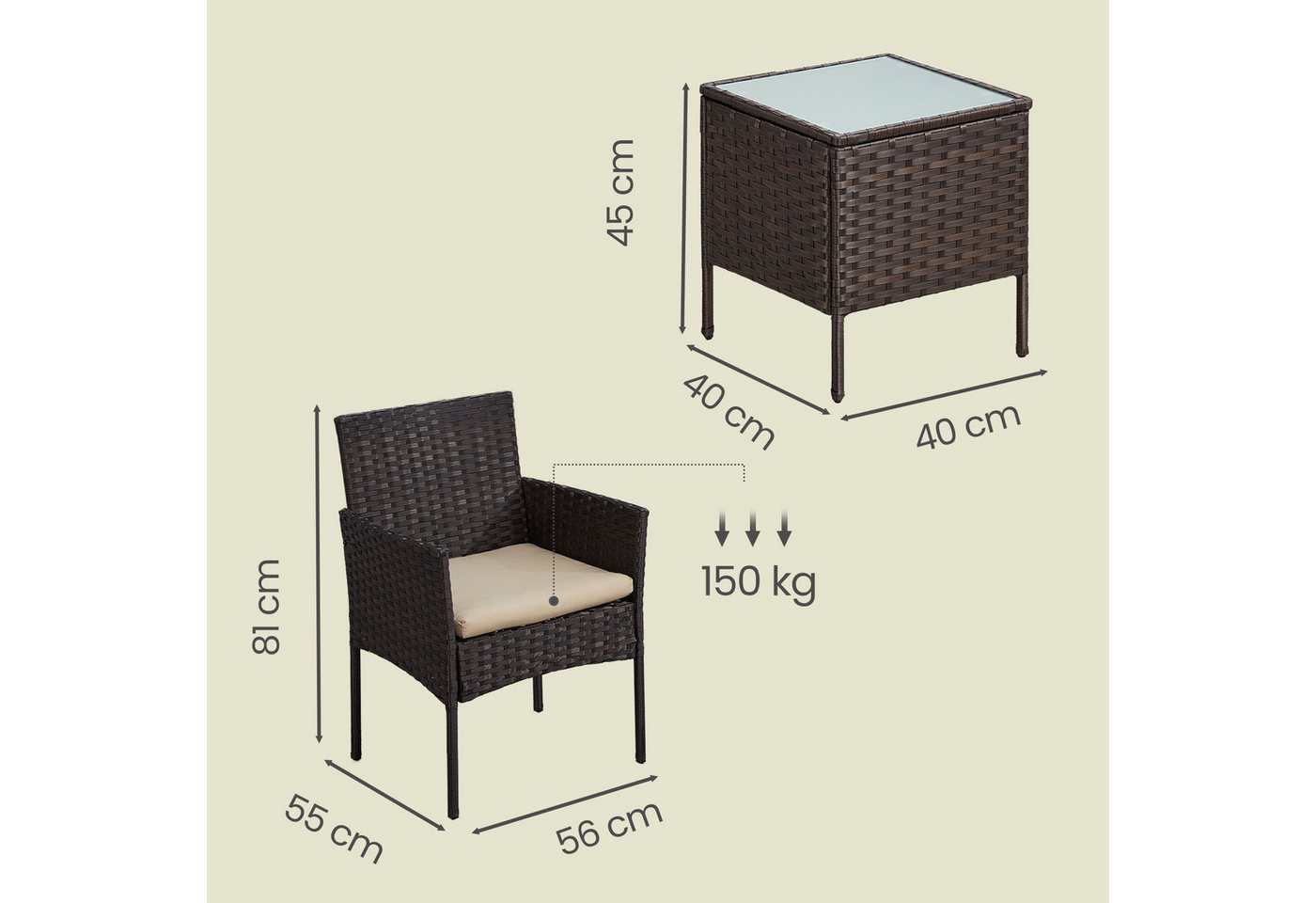 SONGMICS Gartenlounge-Set Balkonmöbel, Tisch und 2 Stühle, für Terrasse, Balkon, Garten, (3-tlg., 2 Gartenstuhl, 1 Gartentisch, mit Kissen), Gartenmöbel-Set, au – Bild 3 von 5