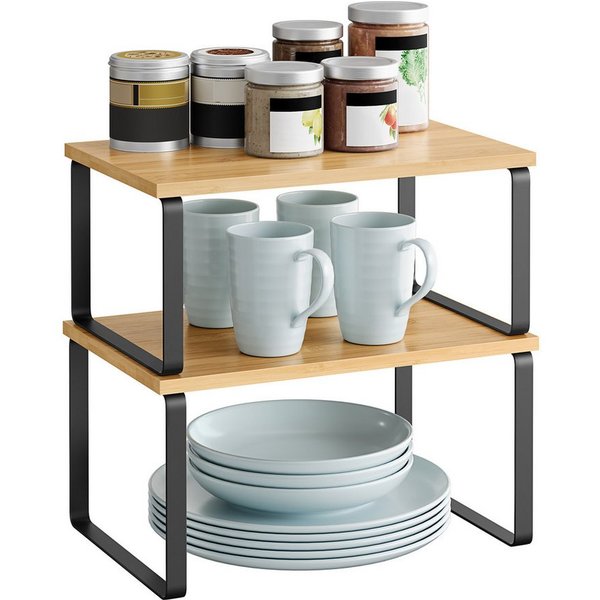SONGMICS Gewürzregal Küchen-Organizer, Küchenregal, Schrank-Organizer Küche, kleines Regal, 2-tlg., erweiterbar, stapelbar, Metall und Holzwerkstoff