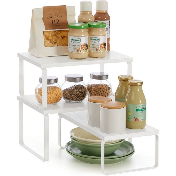 SONGMICS Gewürzregal Küchen-Organizer, Küchenregal, Schrank-Organizer Küche, kleines Regal, 3-tlg., erweiterbar, stapelbar, Metall und Holzwerkstoff