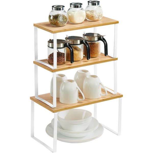 SONGMICS Gewürzregal Küchen-Organizer, 3-tlg., 3er Set, stapelbar, erweiterbar, Metall und Bambus