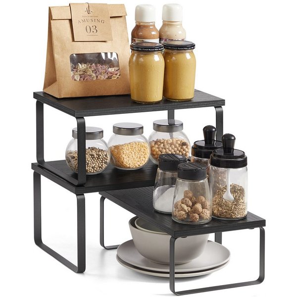 SONGMICS Gewürzregal Küchen-Organizer, Küchenregal, Schrank-Organizer Küche, kleines Regal, 3-tlg., erweiterbar, stapelbar, Metall und Holzwerkstoff