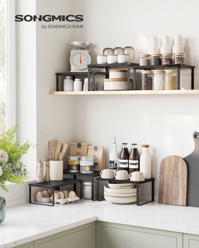 SONGMICS Gewürzregal Küchen-Organizer, Küchenregal, Schrank-Organizer Küche, kleines Regal, 3-tlg., erweiterbar, stapelbar, Metall und Holzwerkstoff – Bild 3 von 5