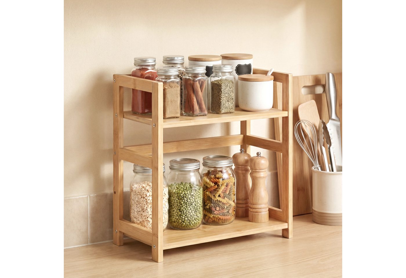 SONGMICS Gewürzregal Küchenregal, Aufbewahrungsregal, für Arbeitsplatte, Bambusgestell, mit 2 Ebenen, für Küche, Esszimmer, Büro – Bild 2 von 5