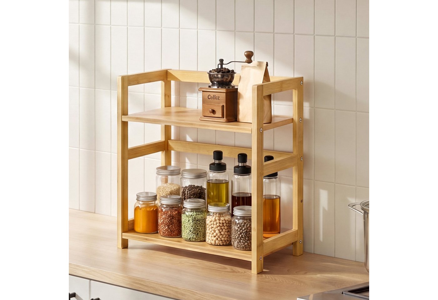 SONGMICS Gewürzregal Küchenregal, Aufbewahrungsregal, für Arbeitsplatte, Bambusgestell, mit 2 Ebenen, für Küche, Esszimmer, Büro – Bild 3 von 5