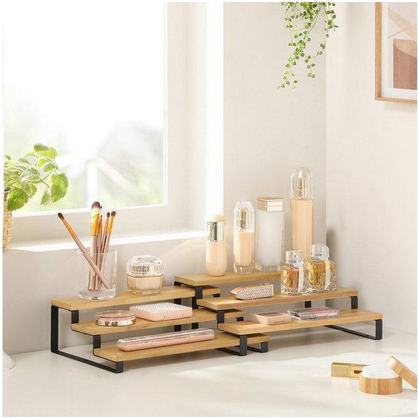 SONGMICS Gewürzregal Küchenregal stehend, Küchen-Organizer, für Speisekammer, Arbeitsplatte, 2-tlg., Holzwerkstoff, je 3 Ablagen, ausziehbar stapelbar, naturfar