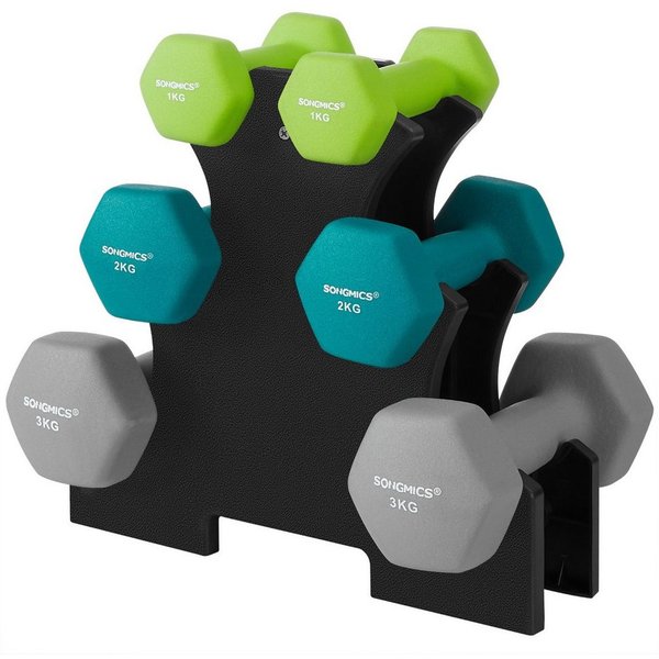 SONGMICS Hantel-Set Kurzhanteln, 12kg, Hexagon, Neopren Hanteln, mit Hantelständer, 2 x 1 kg, 2 x 2 kg, 2 x 3 kg, Finish, aquamarin und