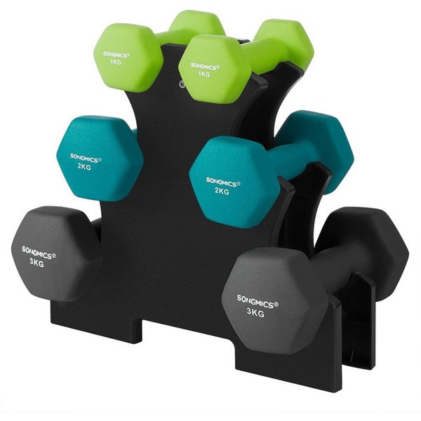 SONGMICS Hantel-Set Kurzhanteln, 12kg, Hexagon, Neopren Hanteln, mit Hantelständer, 2 x 1 kg, 2 x 2 kg, 2 x 3 kg, Finish, aquamarin und