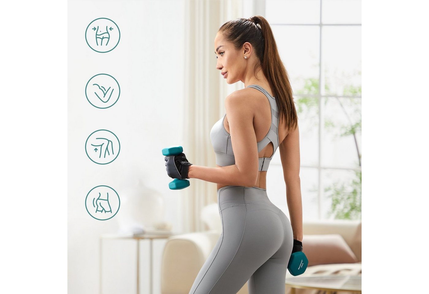 SONGMICS Hantel-Set Kurzhanteln, 12kg, Hexagon, Neopren Hanteln, mit Hantelständer, 2 x 1 kg, 2 x 2 kg, 2 x 3 kg, Finish, aquamarin und – Bild 4 von 5