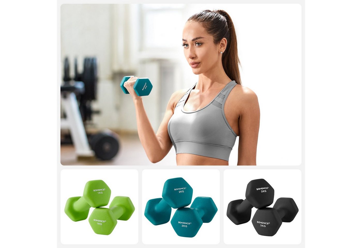 SONGMICS Hantel-Set Kurzhanteln, 12kg, Hexagon, Neopren Hanteln, mit Hantelständer, 2 x 1 kg, 2 x 2 kg, 2 x 3 kg, Finish, aquamarin und – Bild 5 von 5