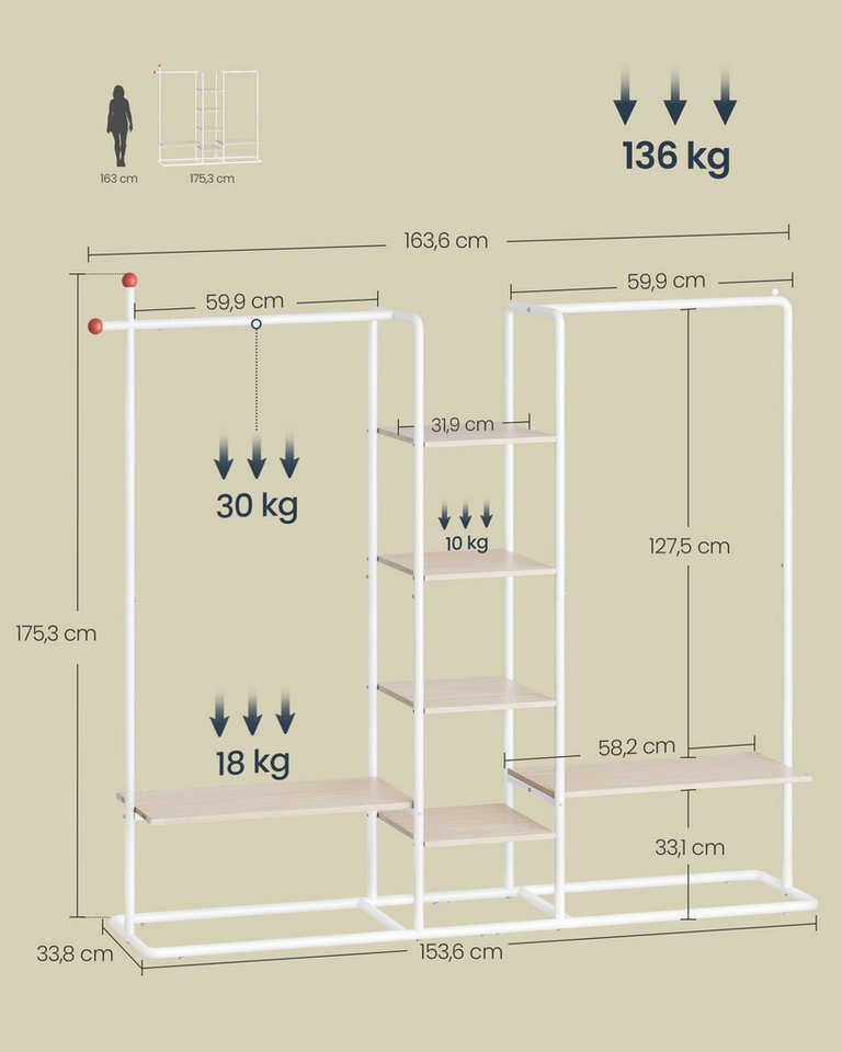 SONGMICS HOME Kleiderständer, Garderobenständer, offener Kleiderschrank, Haken in Streichholz-Form – Bild 3 von 5