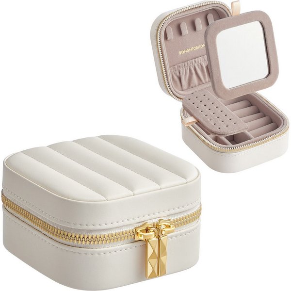 SONGMICS HOME Schmuckkasten Reise, Schmuckbox klein, PU mit Nähten, Reißverschluss, Geschenkidee