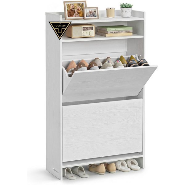 SONGMICS HOME Schuhschrank 2 Klappen, Schuhkipper schmal, Schuhaufbewahrung, 24x60x102,8 cm, weiß superschnelle werkzeuglose Montage, Trennwand verstellbar, mod