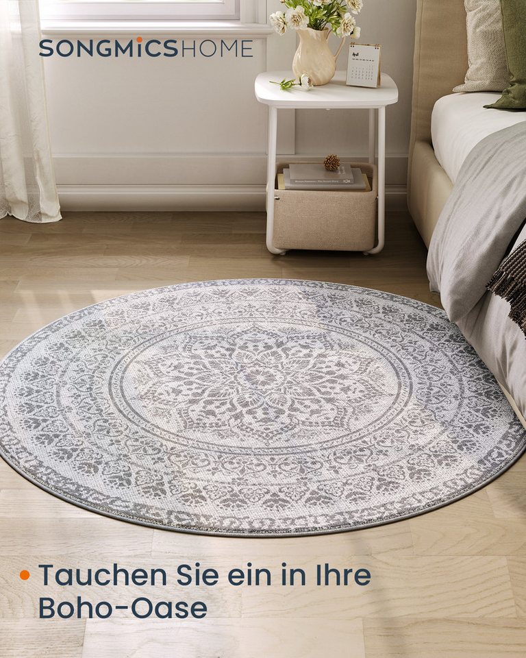 SONGMICS HOME Teppich rund, Wohnzimmerteppich, rutschfester, für Wohnzimmer, Schlafzimmer, 120 cm d, flauschig, Dekoration, maschinenwaschbar, Boho-Stil – Bild 3 von 5