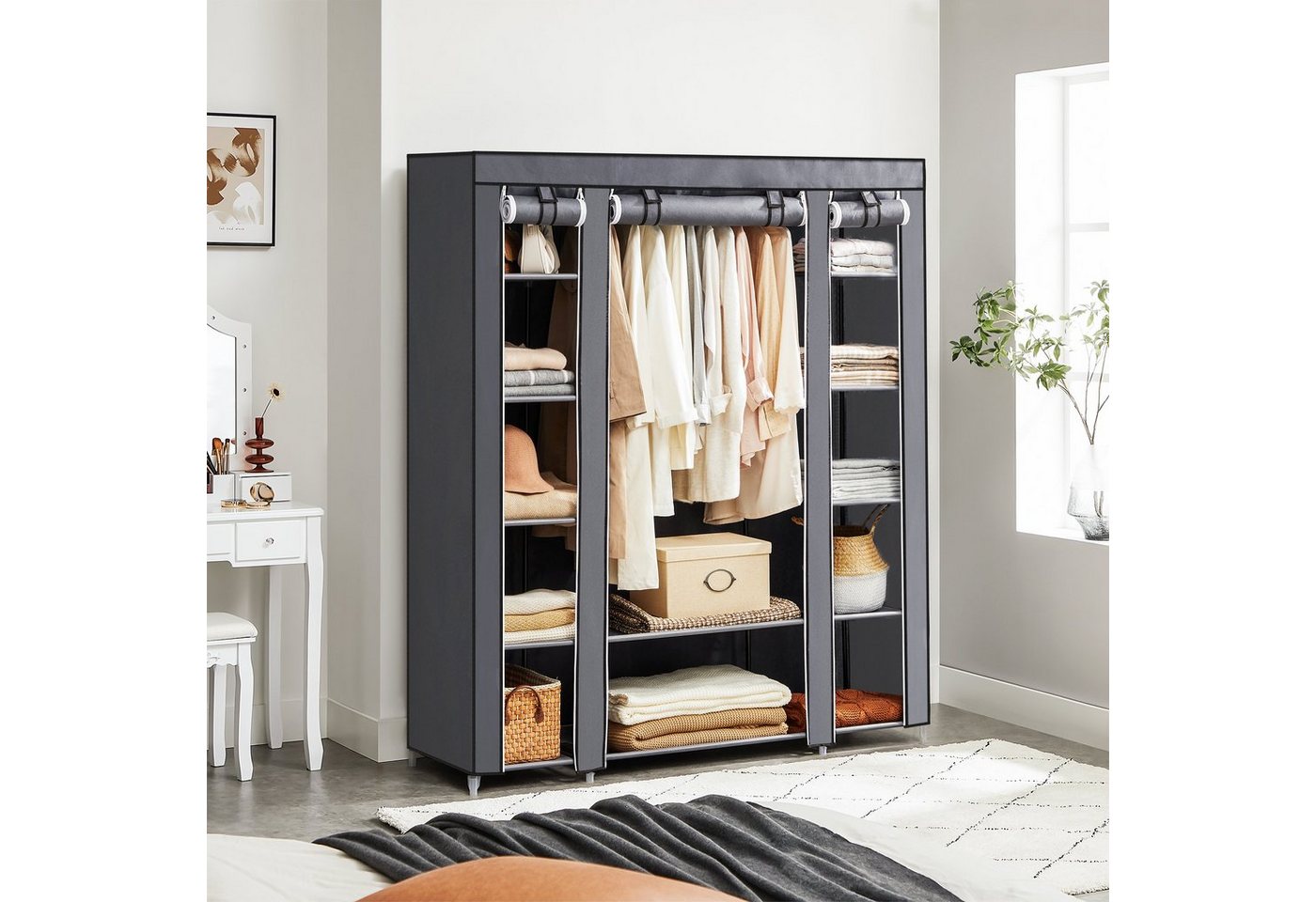 SONGMICS Kleiderschrank 2 Set, Stoffschrank Set, Kleiderschrank Set Garderobe mit 2 Kleiderstangen / einer Kleiderstange und 12 Ablagen – Bild 2 von 5