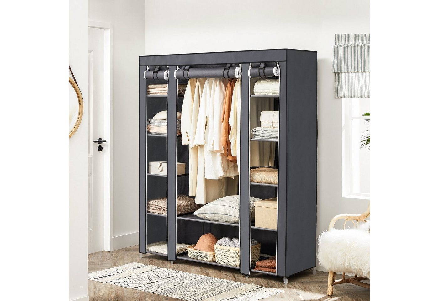 SONGMICS Kleiderschrank 2 Set, Stoffschrank Set, Kleiderschrank Set Garderobe mit 2 Kleiderstangen / einer Kleiderstange und 12 Ablagen – Bild 3 von 5