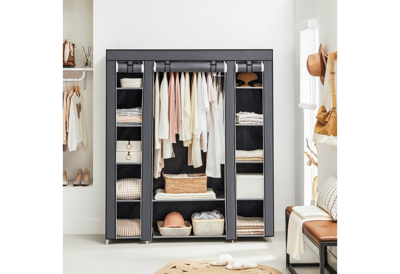 SONGMICS Kleiderschrank 2 Set, Stoffschrank Set, Kleiderschrank Set Garderobe mit 2 Kleiderstangen / einer Kleiderstange und 12 Ablagen – Bild 4 von 5