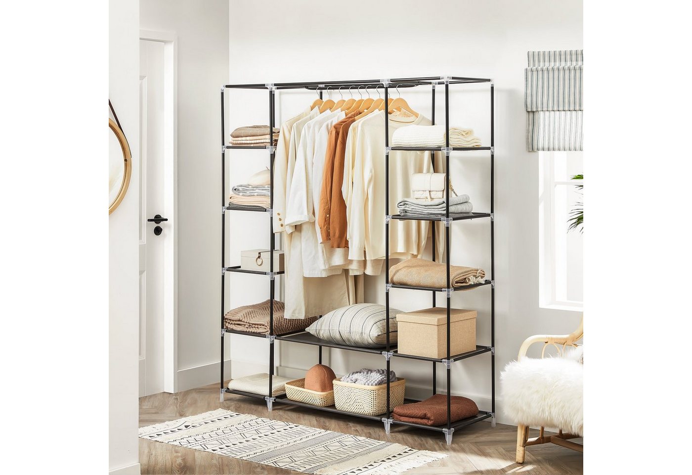 SONGMICS Kleiderschrank 2 Set, Stoffschrank Set, Kleiderschrank Set Garderobe mit 2 Kleiderstangen / einer Kleiderstange und 12 Ablagen – Bild 5 von 5