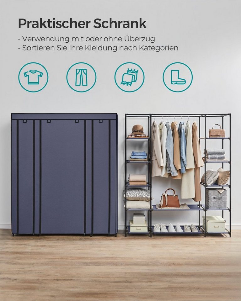 SONGMICS Kleiderschrank Stoffschrank, mit Überzug aus Vliesstoff,Faltschrank mit Kleiderstange 45 x 150 x 175 cm, 12 Ablagen, Metallrahmen, Schrank fürs Schlafz – Bild 3 von 5