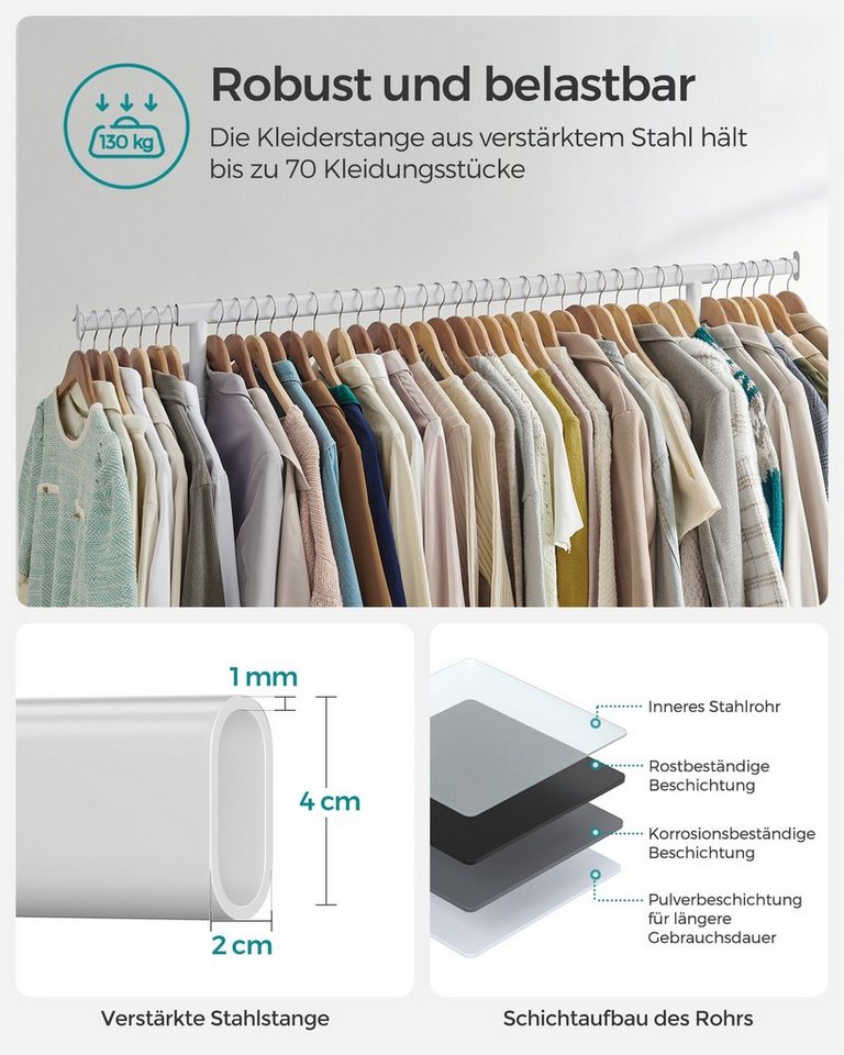 SONGMICS Kleiderständer auf Rollen, Garderobenständer, hochbelastbar, aus Metall, verchromt, ausziehbare Kleiderstange, bis 130 kg belastbar, 45 x 150 x 160 cm – Bild 3 von 5