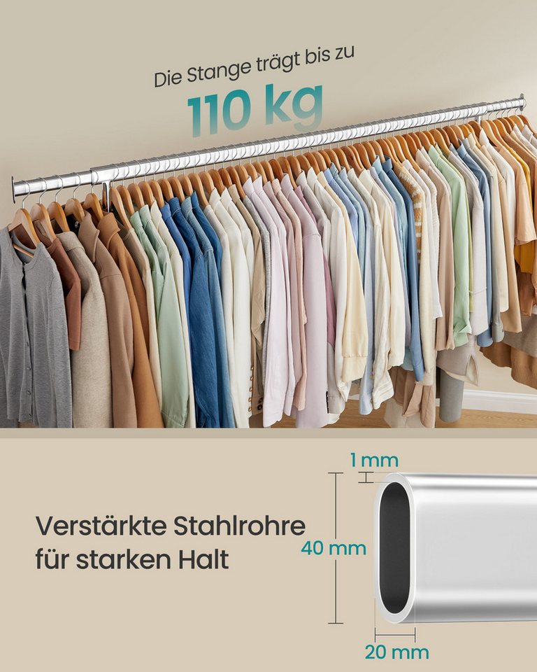 SONGMICS Kleiderständer auf Rollen, Garderobenständer, hochbelastbar, aus Metall, verchromt, ausziehbare Kleiderstange, bis 110 kg belastbar, 45 x 200 x 162,9 c – Bild 3 von 5