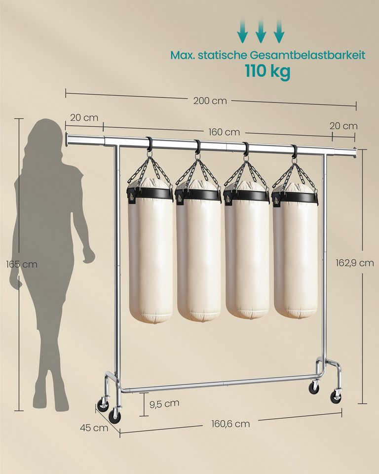 SONGMICS Kleiderständer auf Rollen, Garderobenständer, hochbelastbar, aus Metall, verchromt, ausziehbare Kleiderstange, bis 110 kg belastbar, 45 x 200 x 162,9 c – Bild 4 von 5