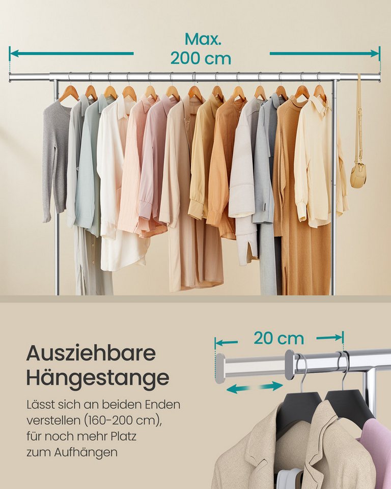 SONGMICS Kleiderständer auf Rollen, Garderobenständer, hochbelastbar, aus Metall, verchromt, ausziehbare Kleiderstange, bis 110 kg belastbar, 45 x 200 x 162,9 c – Bild 5 von 5