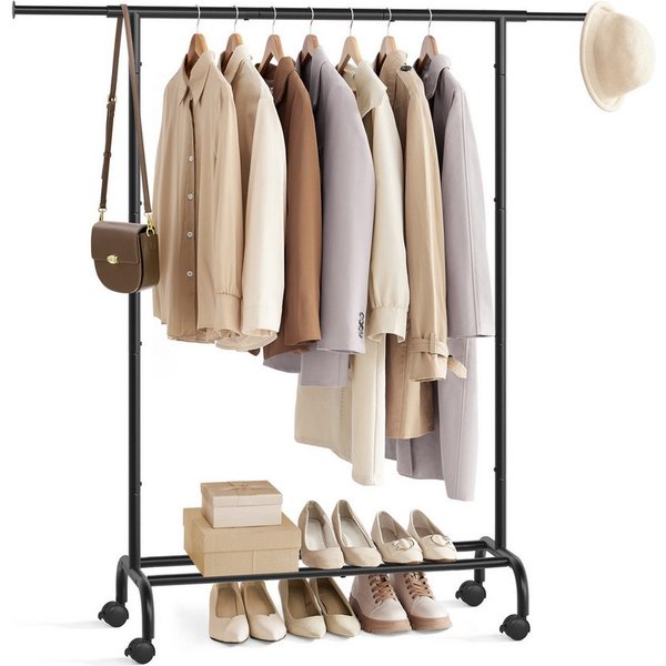 SONGMICS Kleiderständer ausziehbare Kleiderstange, Garderobenständer, 40 x (83-120) x 156 cm, (auf Rollen), Stahlrohren, erhöhte Ablagestange, bis 45 kg belastb