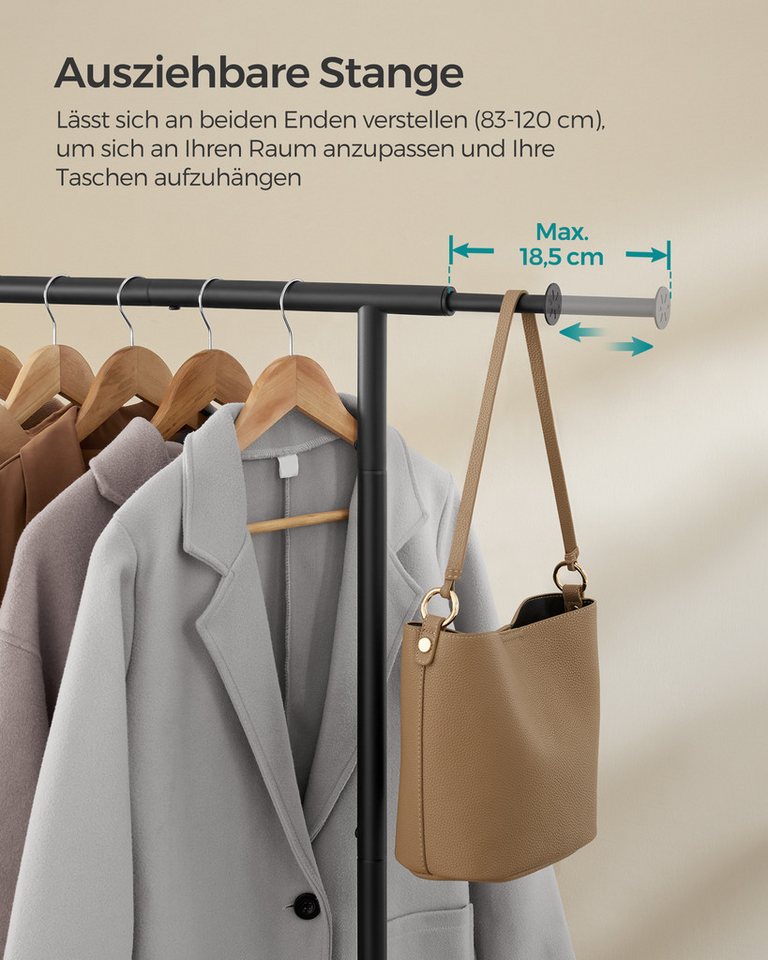 SONGMICS Kleiderständer ausziehbare Kleiderstange, Garderobenständer, 40 x (83-120) x 156 cm, (auf Rollen), Stahlrohren, erhöhte Ablagestange, bis 45 kg belastb – Bild 3 von 5