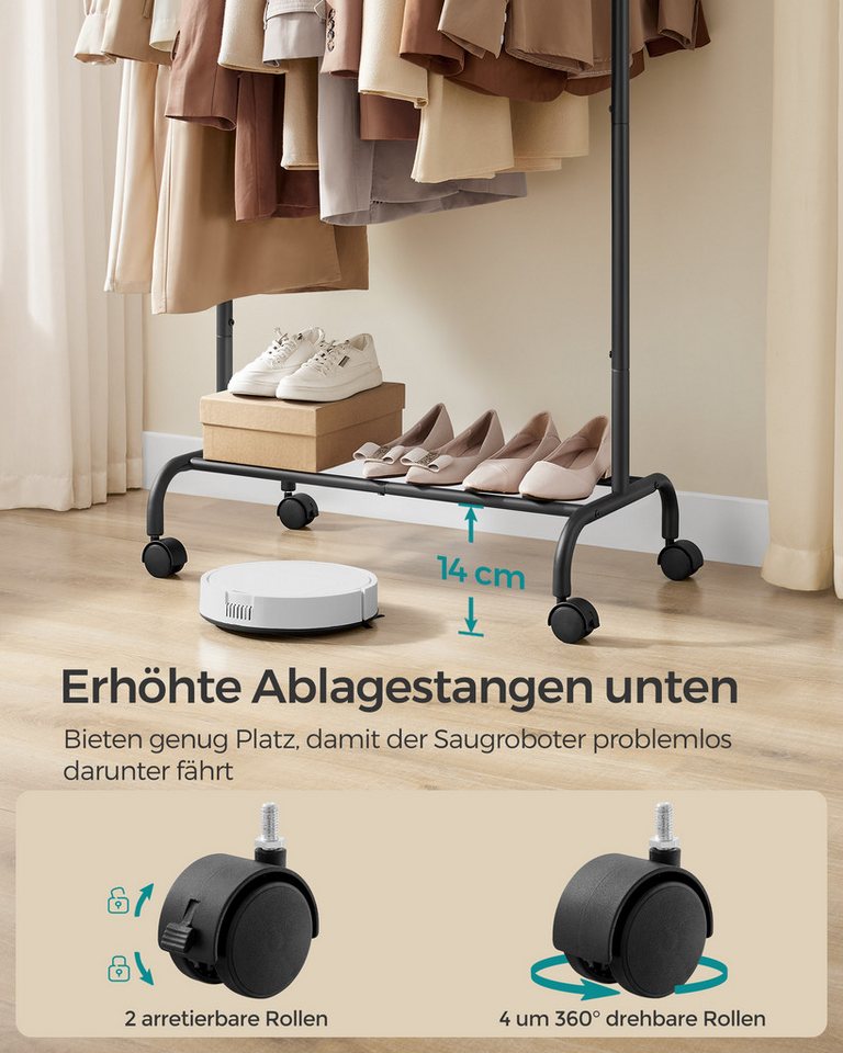SONGMICS Kleiderständer ausziehbare Kleiderstange, Garderobenständer, 40 x (83-120) x 156 cm, (auf Rollen), Stahlrohren, erhöhte Ablagestange, bis 45 kg belastb – Bild 5 von 5