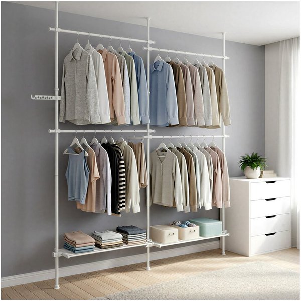 SONGMICS Kleiderständer deckenhoch, 3-stufige Garderobe, höhen und breitenverstellbar, offener, (mit abnehmbarer Ablage), Garderobenleiste, Greifarm, bis 92,5 k