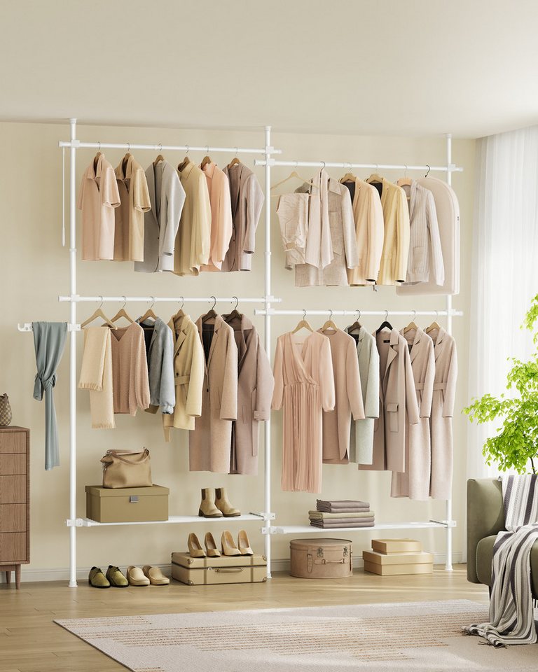 SONGMICS Kleiderständer deckenhoch, 3-stufige Garderobe, höhen und breitenverstellbar, offener, (mit abnehmbarer Ablage), Garderobenleiste, Greifarm, bis 92,5 k – Bild 2 von 5