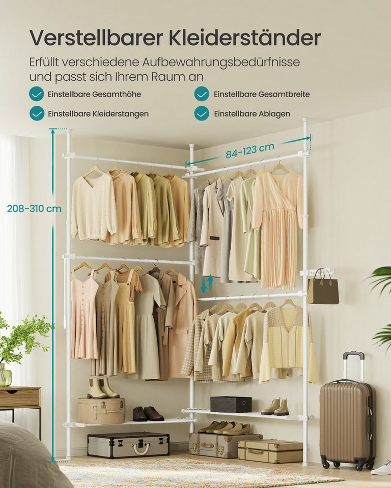 SONGMICS Kleiderständer deckenhoch, 3-stufige Garderobe, höhen und breitenverstellbar, offener, (mit abnehmbarer Ablage), Garderobenleiste, Greifarm, bis 92,5 k – Bild 3 von 5
