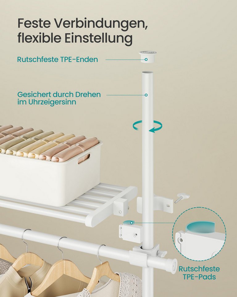 SONGMICS Kleiderständer deckenhoch, 3-stufige Garderobe, höhen und breitenverstellbar, offener, (mit abnehmbarer Ablage), Garderobenleiste, Greifarm, bis 92,5 k – Bild 4 von 5