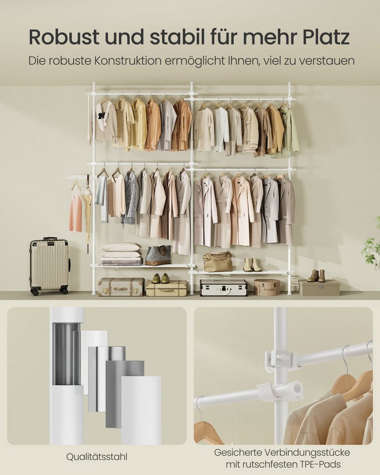 SONGMICS Kleiderständer deckenhoch, 3-stufige Garderobe, höhen und breitenverstellbar, offener, (mit abnehmbarer Ablage), Garderobenleiste, Greifarm, bis 92,5 k – Bild 5 von 5