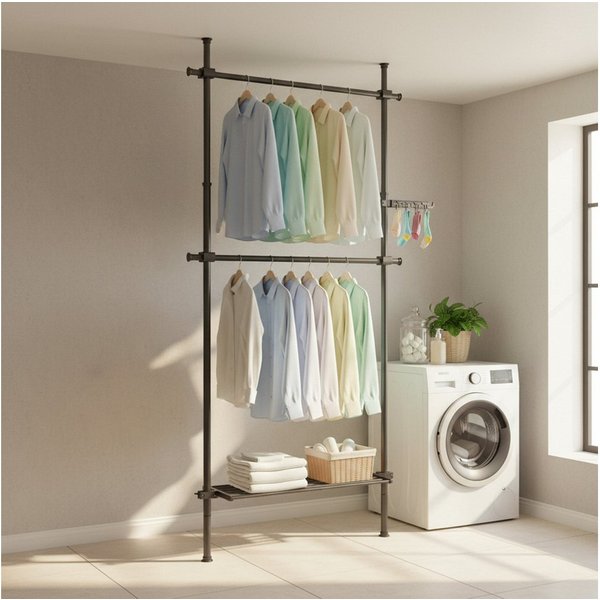 SONGMICS Kleiderständer deckenhoch, 3-stufige Garderobe, höhen und breitenverstellbar, offener, (mit abnehmbarer Ablage), Garderobenleiste, Greifarm, bis 47,5 k