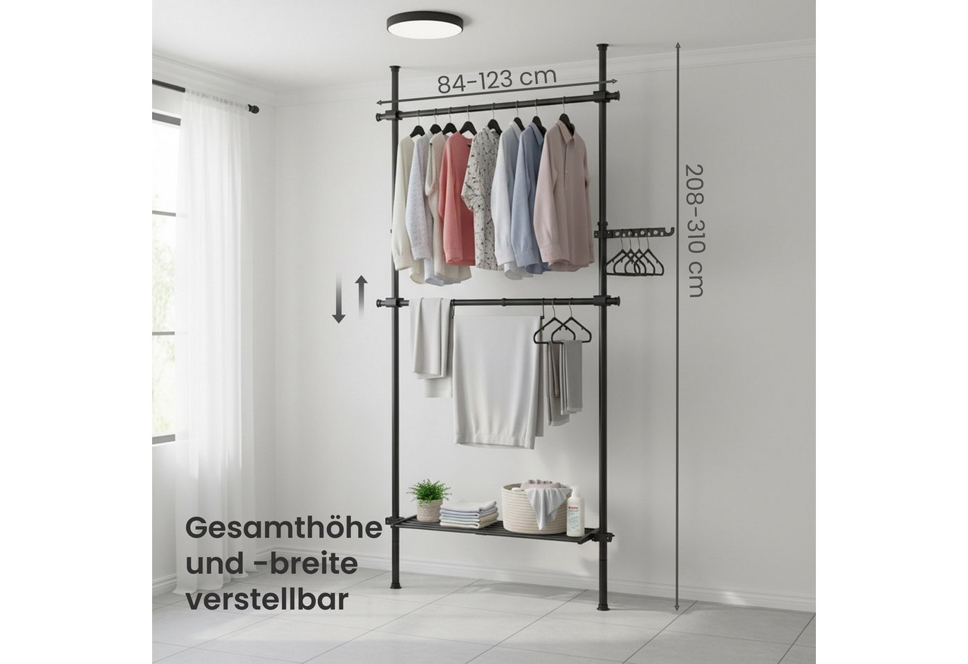 SONGMICS Kleiderständer deckenhoch, 3-stufige Garderobe, höhen und breitenverstellbar, offener, (mit abnehmbarer Ablage), Garderobenleiste, Greifarm, bis 47,5 k – Bild 2 von 5
