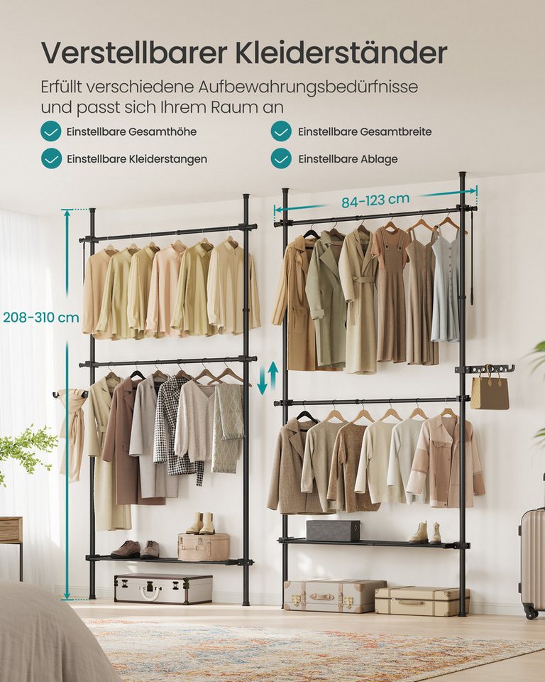 SONGMICS Kleiderständer deckenhoch, 3-stufige Garderobe, höhen und breitenverstellbar, offener, (mit abnehmbarer Ablage), Garderobenleiste, Greifarm, bis 47,5 k – Bild 3 von 5