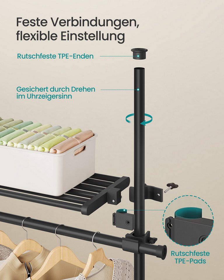 SONGMICS Kleiderständer deckenhoch, 3-stufige Garderobe, höhen und breitenverstellbar, offener, (mit abnehmbarer Ablage), Garderobenleiste, Greifarm, bis 47,5 k – Bild 4 von 5