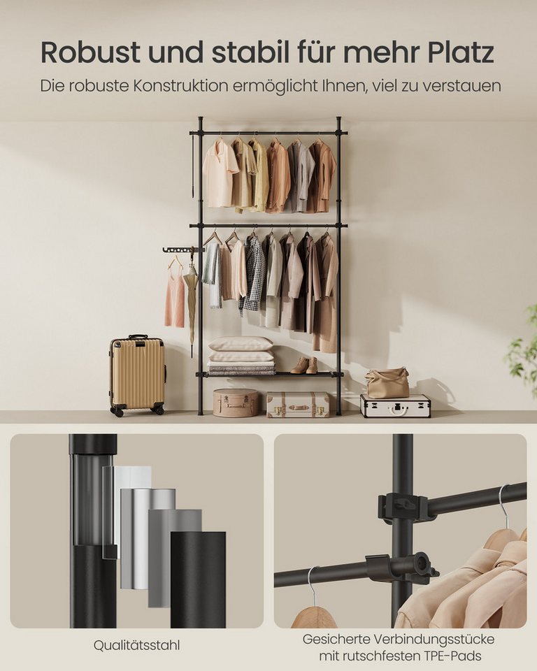SONGMICS Kleiderständer deckenhoch, 3-stufige Garderobe, höhen und breitenverstellbar, offener, (mit abnehmbarer Ablage), Garderobenleiste, Greifarm, bis 47,5 k – Bild 5 von 5