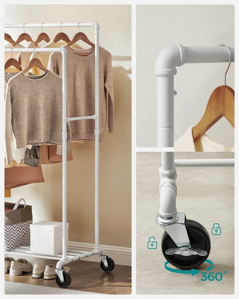 SONGMICS Kleiderständer Kleiderstange, Garderobenständer, für Ankleidezimmer, 100x59x162 cm, mit 2 Kleiderstangen und Ablage, Rollen, bis 90 kg belastbar, weiß – Bild 3 von 5