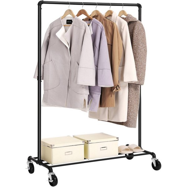 SONGMICS Kleiderständer Kleiderstange, für Schlafzimmer, Waschküche, 100 x 49 x 163 cm, mit Rollen, bis 90 kg belastbar, 1 Kleiderstange und Ablage, schwarz