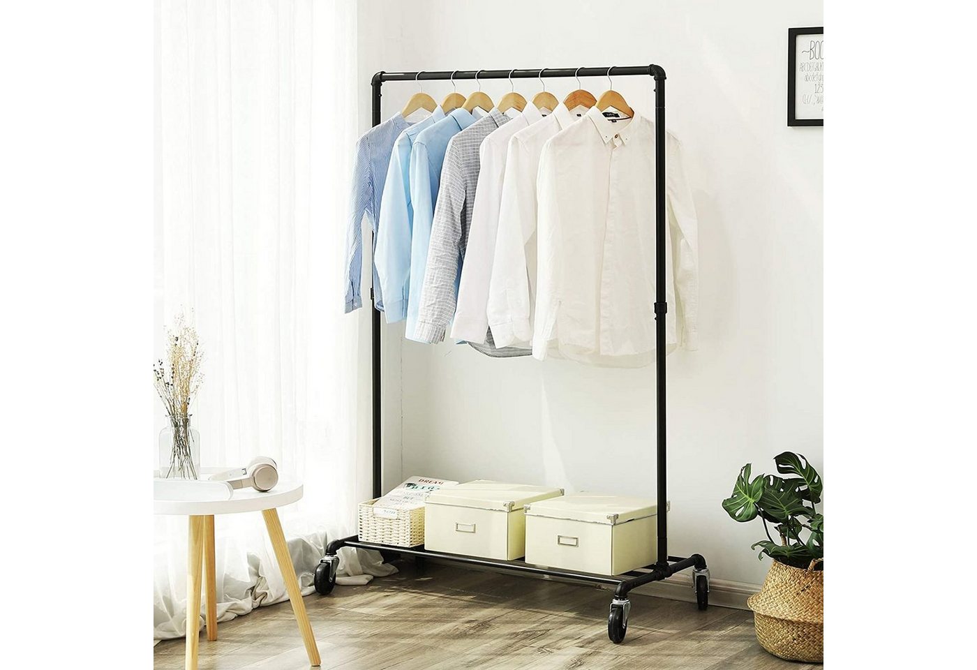 SONGMICS Kleiderständer Kleiderstange, für Schlafzimmer, Waschküche, 100 x 49 x 163 cm, mit Rollen, bis 90 kg belastbar, 1 Kleiderstange und Ablage, schwarz – Bild 2 von 5