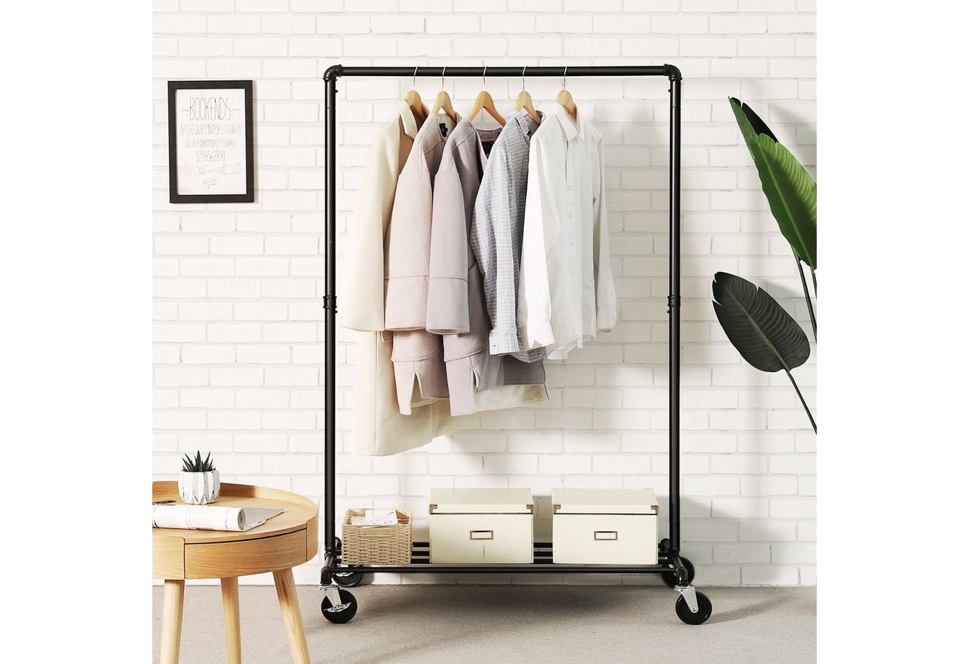 SONGMICS Kleiderständer Kleiderstange, für Schlafzimmer, Waschküche, 100 x 49 x 163 cm, mit Rollen, bis 90 kg belastbar, 1 Kleiderstange und Ablage, schwarz – Bild 3 von 5