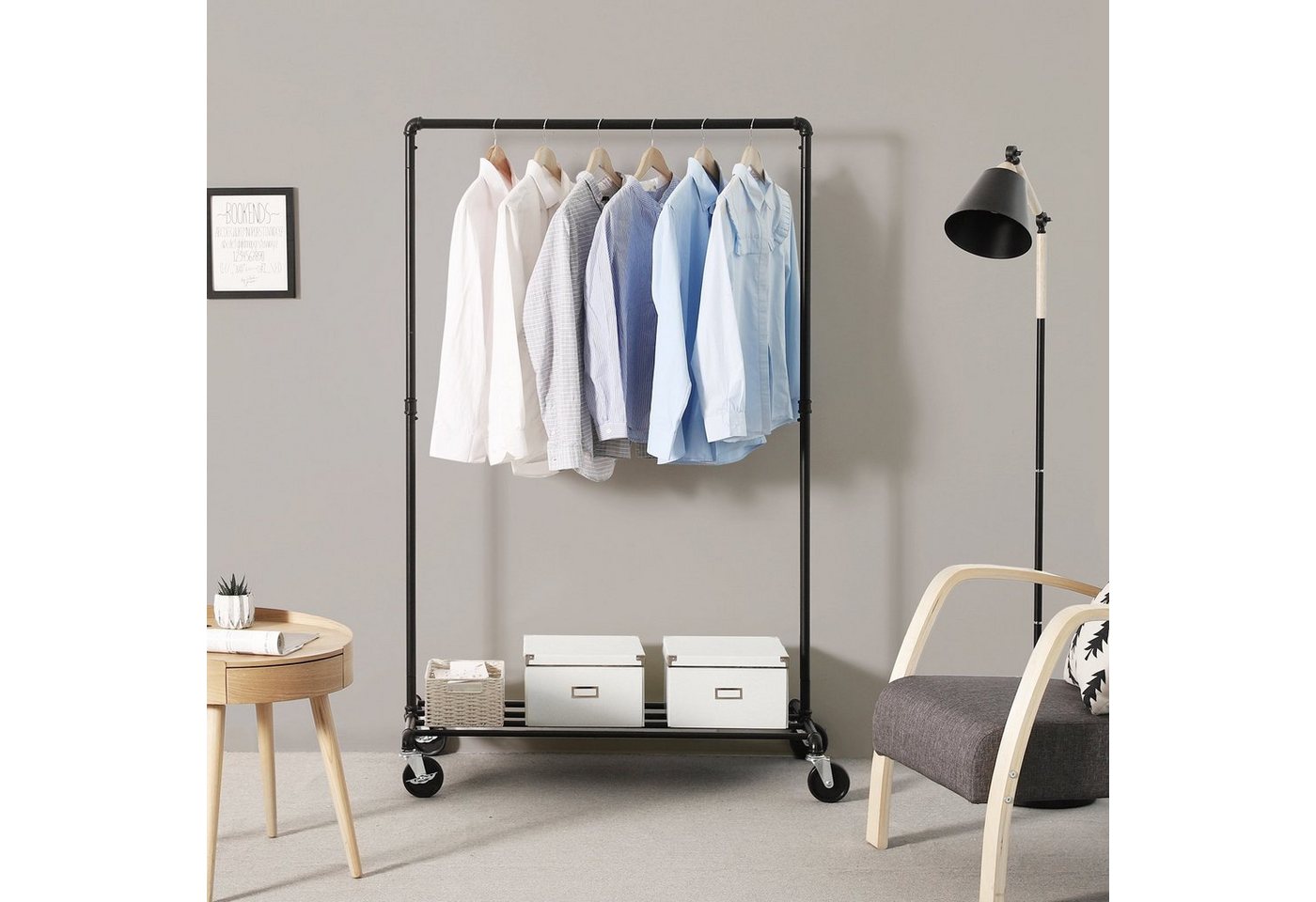 SONGMICS Kleiderständer Kleiderstange, für Schlafzimmer, Waschküche, 100 x 49 x 163 cm, mit Rollen, bis 90 kg belastbar, 1 Kleiderstange und Ablage, schwarz – Bild 4 von 5