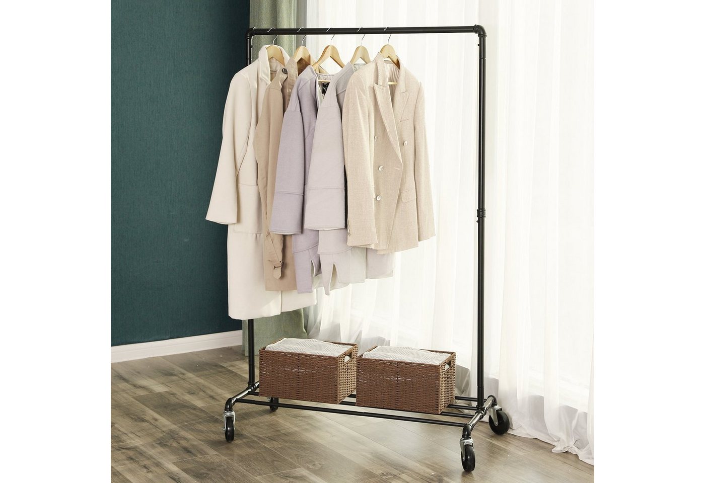 SONGMICS Kleiderständer Kleiderstange, für Schlafzimmer, Waschküche, 100 x 49 x 163 cm, mit Rollen, bis 90 kg belastbar, 1 Kleiderstange und Ablage, schwarz – Bild 5 von 5