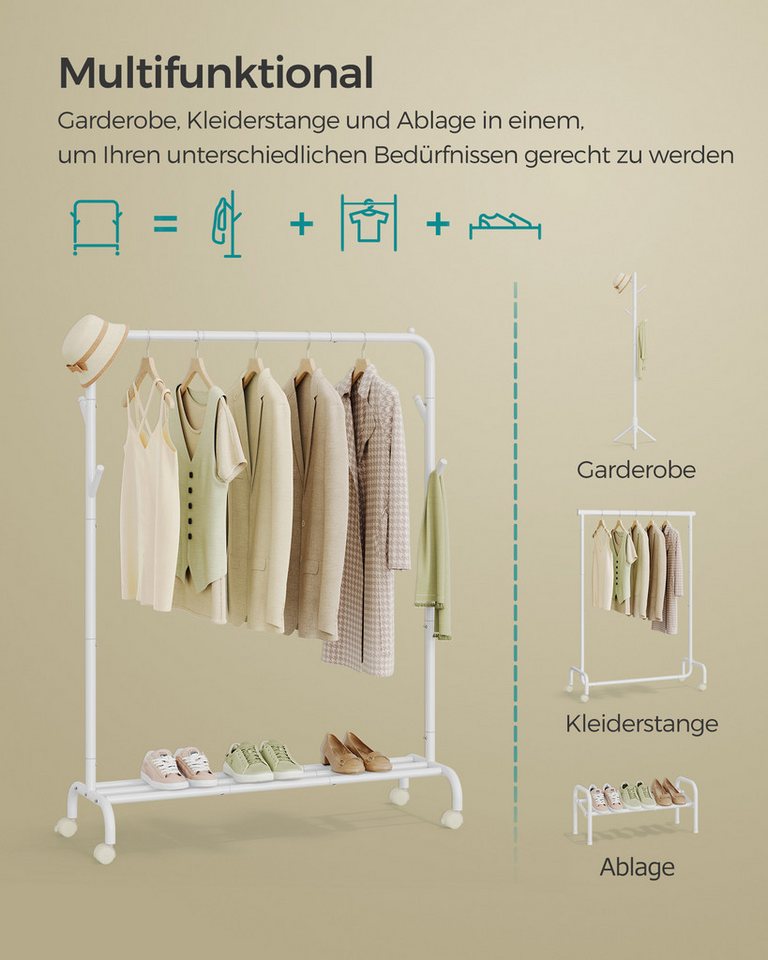SONGMICS Kleiderständer Kleiderstange, Garderobenstange, Garderobenständer, 41 x 103,5 x 155cm, auf Rollen, Stahlrohren, bis 50kg belastbar, multifunktionale, w – Bild 3 von 5