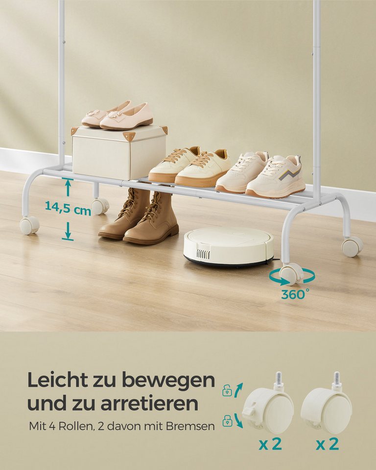 SONGMICS Kleiderständer Kleiderstange, Garderobenstange, Garderobenständer, 41 x 103,5 x 155cm, auf Rollen, Stahlrohren, bis 50kg belastbar, multifunktionale, w – Bild 4 von 5