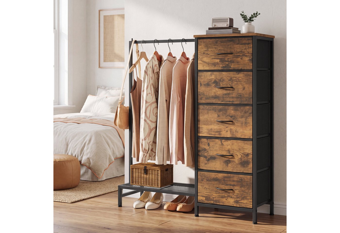SONGMICS Kleiderständer Kommode Garderobenständer mit 5 Stoff Schubladen und Kleiderstange, 96,2 x 30 x 117,7 cm, für Schlafzimmer, Flur – Bild 2 von 5