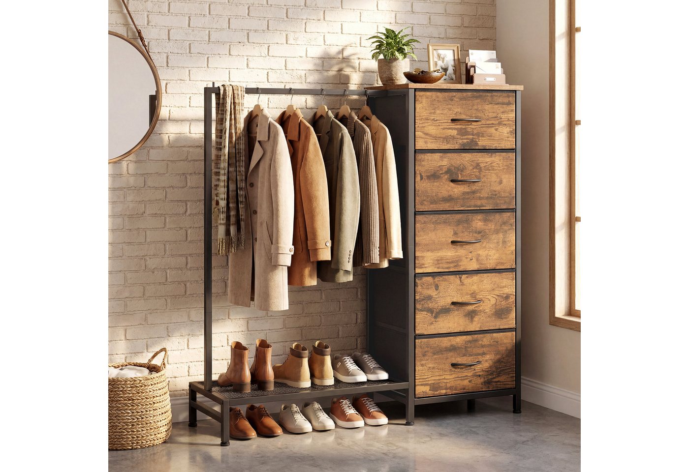 SONGMICS Kleiderständer Kommode Garderobenständer mit 5 Stoff Schubladen und Kleiderstange, 96,2 x 30 x 117,7 cm, für Schlafzimmer, Flur – Bild 3 von 5