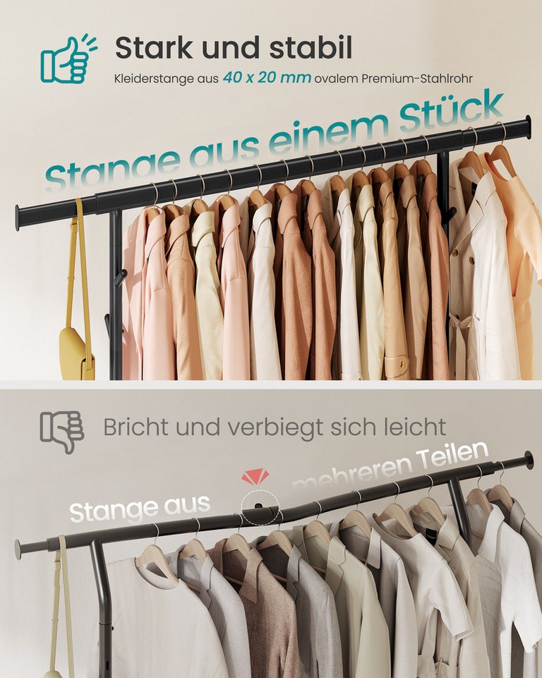 SONGMICS Kleiderständer Schwerlast-Garderobenständer ausziehbare Kleiderstange, verstellbare Höhe, auf Rollen, mit Ablage, Haken – Bild 3 von 5